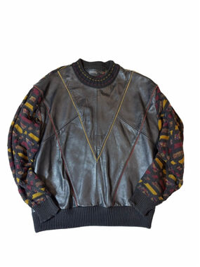 Saxony Leather Sweater Jacket L Vintage 90s Coogi Style Abstract Knit